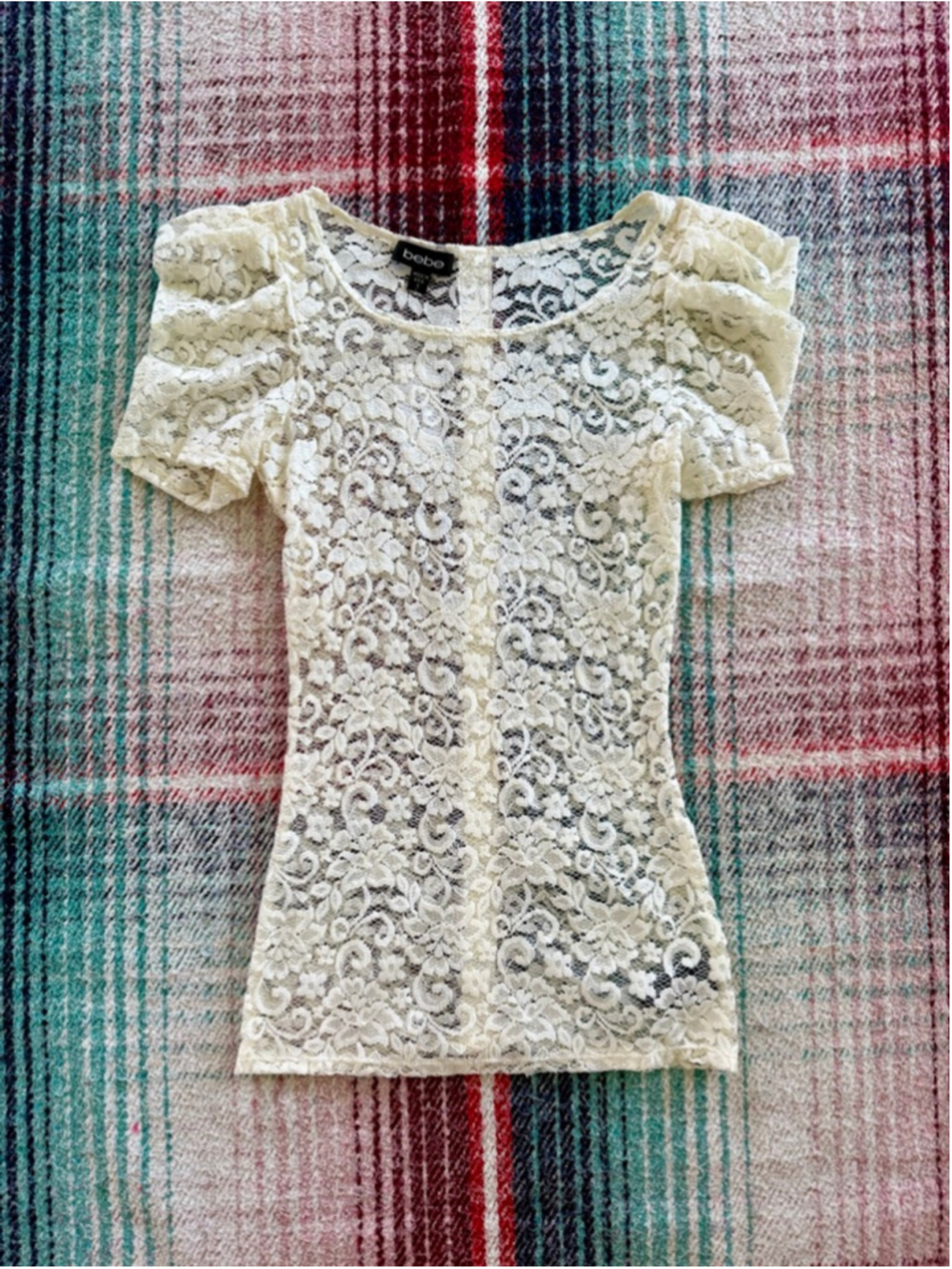 90s Deadstock Bebe Short Sleeve Floral Lace Top S